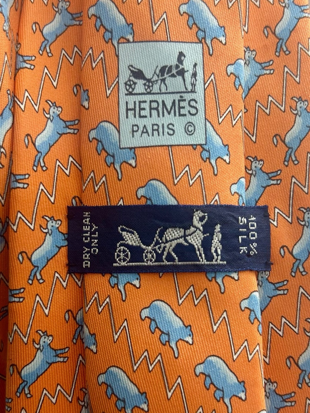 Authentic Hermès "Bull & Bear" Wall Street Printed Silk Tie